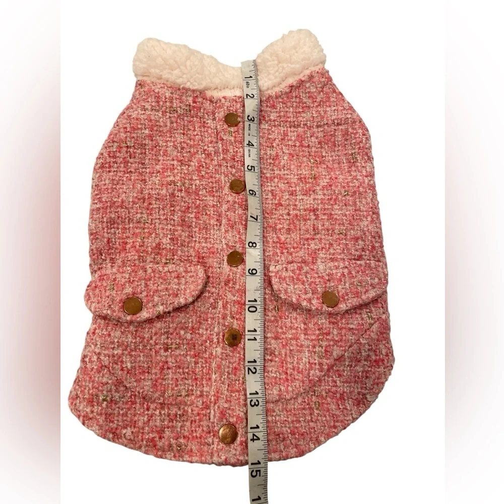 Top Paw Tweed Pink and Gold Dog Coat with Bronze Buttons.